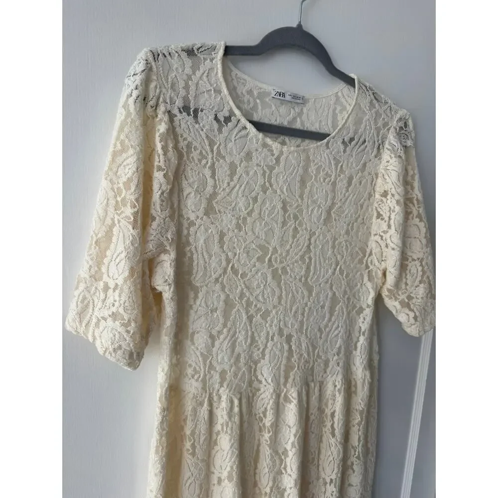 Zara Ivory Cream Allover Lace Dress Sz L Romantic Bridal Vintage Glamour Boho